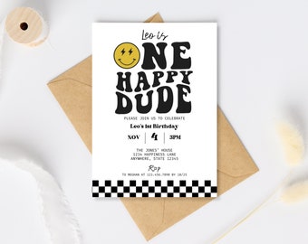 ONE Happy Dude Birthday Invitation | 1st Birthday, Boy Birthday Invite, Retro, Cool Dude, Digital Download