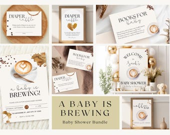 A Baby Is Brewing Baby Shower Bundle | Coffee Baby Shower Theme, Coffee Lover, Neutral Baby, Editable Invitation