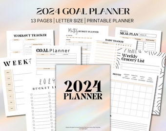 Planner degli obiettivi 2024 stampabile, Planner di Capodanno, Planner giornaliero, Tracker degli obiettivi, Tracker delle abitudini / Download digitale
