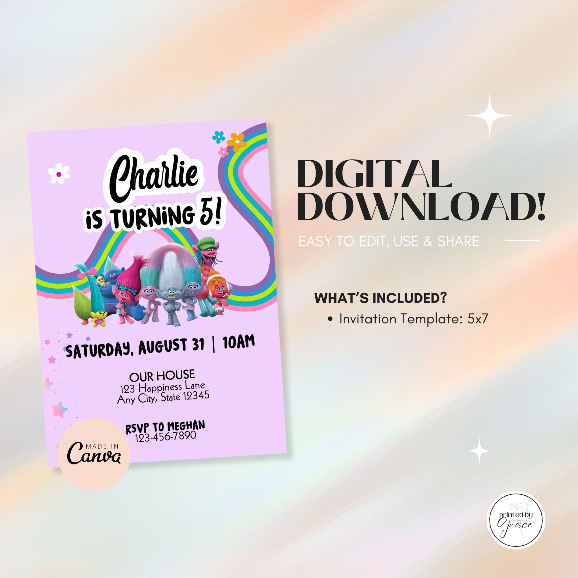 Trolls Birthday Party Invitation Editable Digital Download Customizable