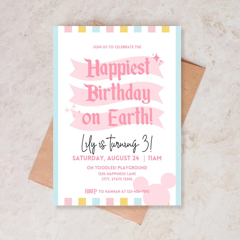 May include: A pink and blue birthday invitation with a white background. The invitation says "Happiest Birthday on Earth!" and "Lily is turning 3!" with a pink Mickey Mouse head in the bottom right corner. The invitation also includes the date and time of the party, the location, and the RSVP information.