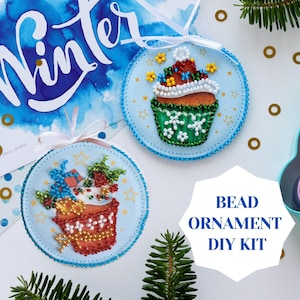 Cupcake bead DIY Christmas ornament kit, bead embroidery set for winter home decor, cute dessert mini DIY beaded ornament Abris Art