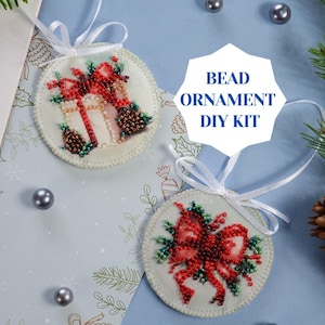 Red bow gift bead DIY Christmas ornament kit, bead embroidery set for winter home decor in red, mini DIY beaded ornament Abris Art