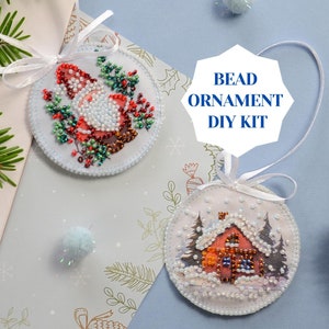 Gnome bead DIY Christmas ornament kit, bead embroidery set for winter home decor, cabin in snow mini DIY beaded ornament Abris Art