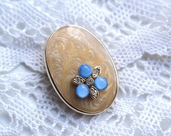 Oval beige dress clip Pearl brooch vintage Blue brooch Floral brooch Scarf clip Ukraine shop Antique costume jewelry