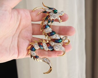 Huge Ornate Topaz/ Citrine/ Grey/ Black Crystal Chinese Dragon Brooch in Aged Huge Ornate Topaz/ Citrine/ Grey/ Black Crystal Chinese Dragon Brooch in Aged