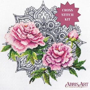 Peonies and mandala abstract counted cross stitch kit for spring home decor DIY gift floral nature meditation blackwork crafts kit