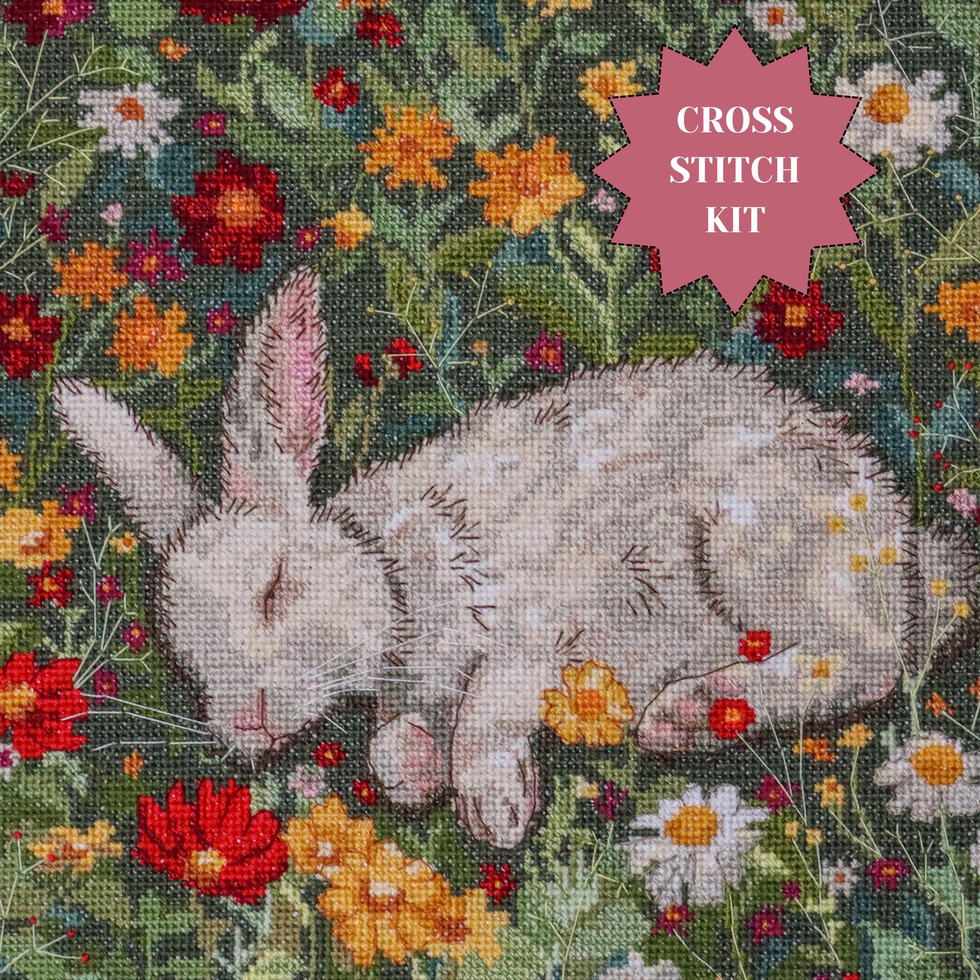 Sleeping bunny counted cross stitch kit for home decor DIY cute animal nature summer spring field gift crafts for beginners Abris Art