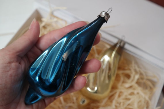 青と金のガラスのクリスマスオーナメントセット ビンテージ 渦巻き