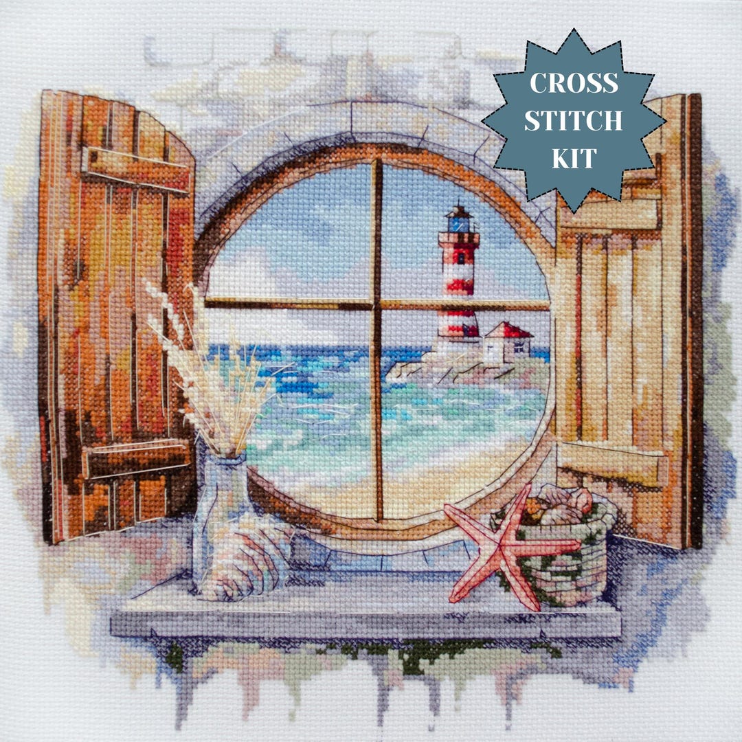 Sea Window Counted Cross Stitch Kit for Home Decor DIY Watercolor ...