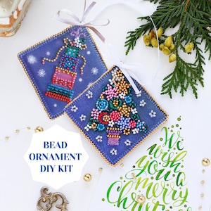 Decorated tree bead DIY Christmas ornament kit, bead embroidery set for winter home decor, violet mini DIY beaded ornament Abris Art
