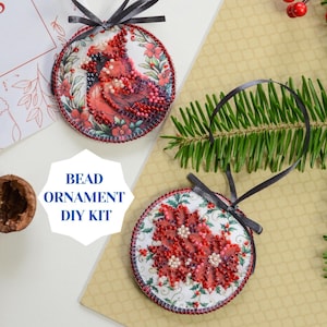 Red cardinal bead DIY Christmas ornament kit, bead embroidery set for winter home decor in red, poinsettia DIY beaded ornament Abris Art