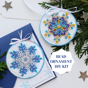 Snowflake bead DIY Christmas ornament kit, bead embroidery set for winter home decor in blue, DIY beaded ornament Abris Art
