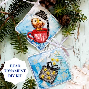 Funny owl bead DIY Christmas ornament kit, bead embroidery set for winter home decor, cute mini DIY beaded ornament coffee Abris Art