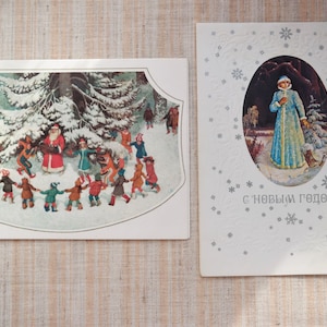 Vintage Christmas cards set unused Ukraine shop soviet retro Xmas postcards antique greeting cards Santa Ded Moroz Shegurochka Snow maiden