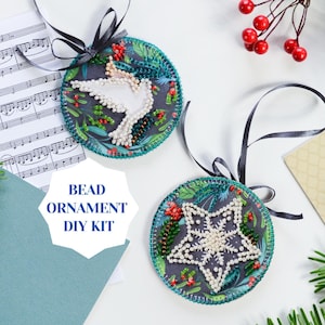White dove bead DIY Christmas ornament kit, bead embroidery set for winter home decor, Christmas star mini DIY beaded ornament Abris Art