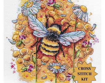 Honeycomb and bee counted cross stitch kit for summer home decor chamomile DIY gift Abris Art bright yellow honey bee hive