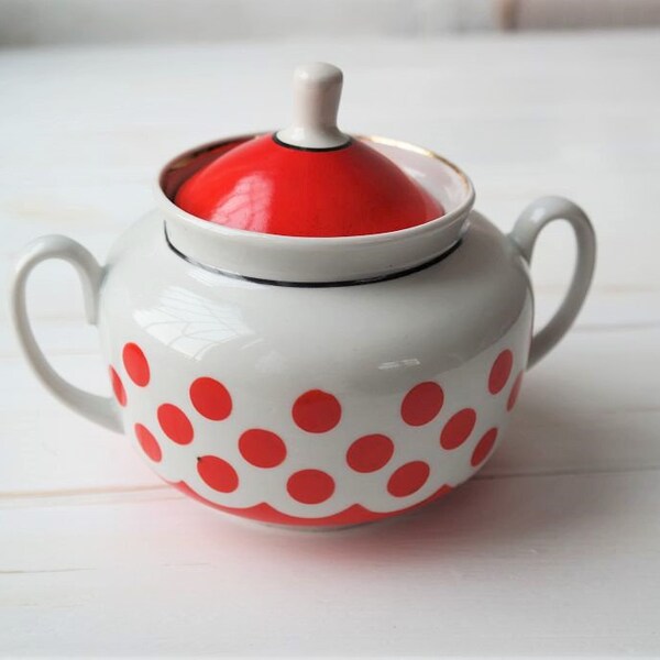 Vintage red sugar bowl with lid Soviet retro polka dot pottery Ukraine shop Mid century tableware antiques Primitive country kitchen decor