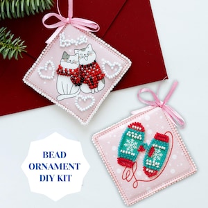 Cute cat bead DIY Christmas ornament kit, bead embroidery set for winter home decor, couple mini DIY beaded ornament Abris Art