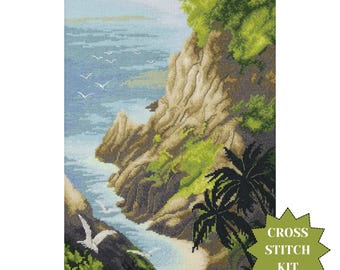 Seaside beach landscape counted cross stitch kit DIY tropical bayside ocean needlework nautical embroidery project for coastal home décor