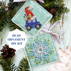 Holiday car bead DIY Christmas ornament kit, bead embroidery set for winter home decor, snowflake cute mini DIY beaded ornament Abris Art