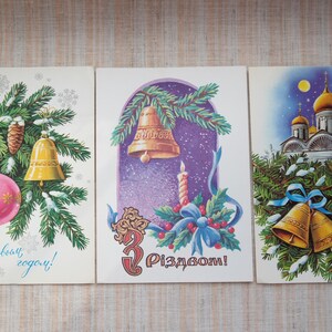 Juego de tarjetas navideñas vintage, postales navideñas de Ucrania, tarjetas de felicitación navideñas con campanas, tarjetas navideñas retro, antiguas, sin usar y sin firmar