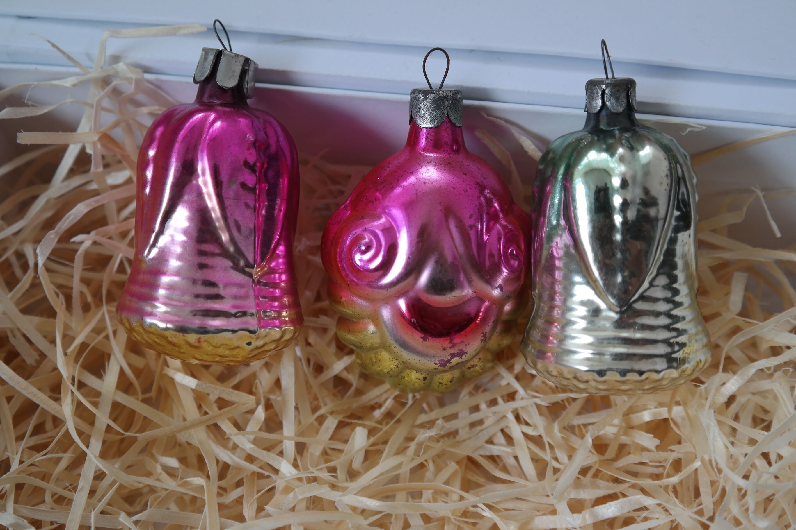 Pink glass Christmas ornaments set vintage Flower bud retro Etsy