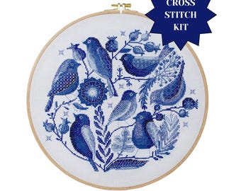 Blue birds counted cross stitch kit for home decor DIY primitive folk arts bird cross stitch gift crafts for beginners Abris Art