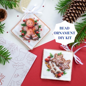 Gingerbread man bead DIY Christmas ornament kit, bead embroidery set for winter home decor, cake dessert mini DIY beaded ornament Abris Art