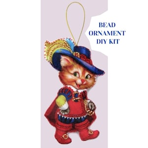 Cat in boots bead on felt embroidery DIY Christmas ornament kit for winter home decor, cute fairytale mini DIY beaded ornament beginners