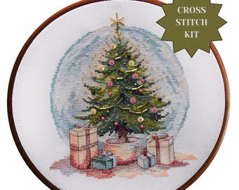Christmas tree counted cross stitch kit for winter home decor with beads DIY gift Pastel cross stitch snow globe fairytale