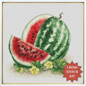 Op de afbeelding: Kruissteekpakket met een watermeloenontwerp. De afbeelding toont een hele watermeloen en een plak, met rood vruchtvlees en zwarte zaden. De schil is groen met een gestructureerd patroon. Gele bloemen en groene bladeren bevinden zich aan de basis. De tekst "CROSS STITCH KIT" staat in een rode ster.