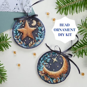 Celestial bead DIY Christmas ornament kit, bead embroidery set for winter home decor, star moon mini DIY beaded ornament Abris Art
