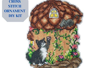 Acorn house counted cross stitch DIY Christmas ornament kit on plastic canvas, winter home decor, cute funny animal ornament fairytale