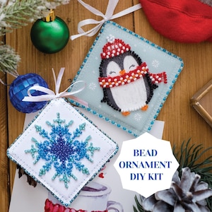 Penguin and snowflake bead DIY Christmas ornament kit, bead embroidery set for winter home decor in blue, DIY beaded ornament Abris Art