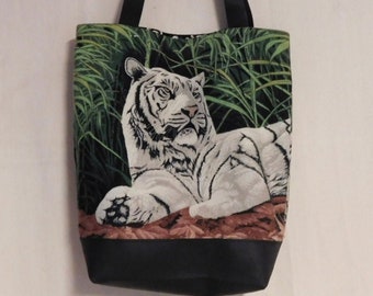 White tiger tote bag--handmade with black leather