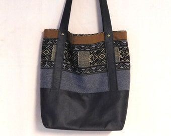 Handmade tote bag--Peruvian alpaca fabric and black leather, lined with Bursa silk
