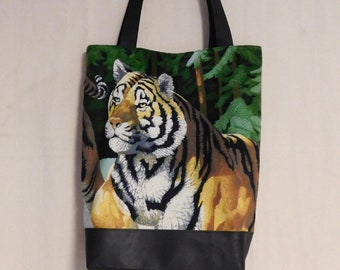 Tiger tote bag--handmade from velour and black leather