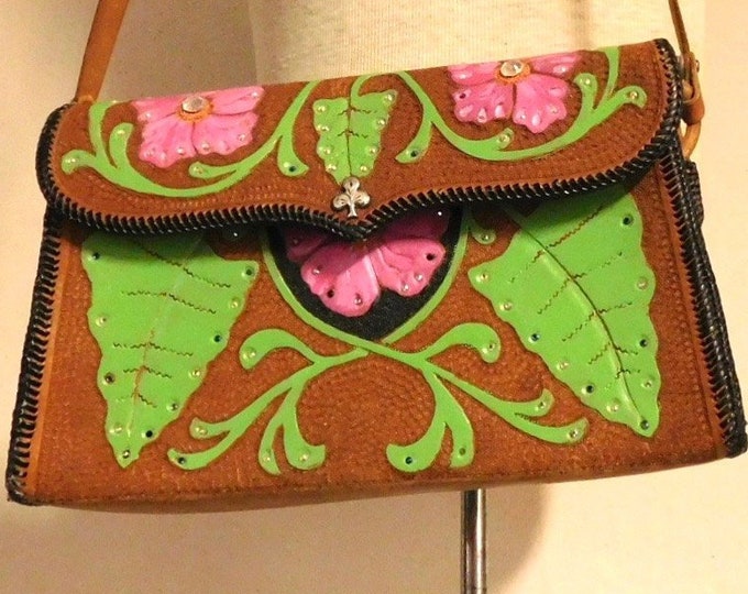 Fantastic hand tooled leather bag--colorful mid century statement piece