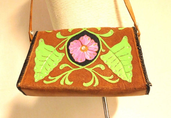 Fantastic hand tooled leather bag--colorful mid c… - image 2