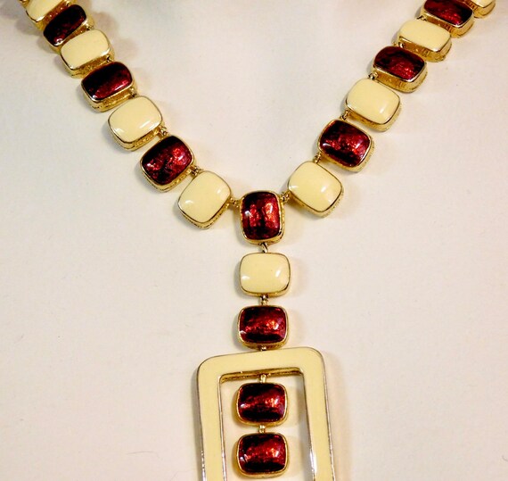 Modernist enamel necklace, ruby red and cream, ma… - image 2