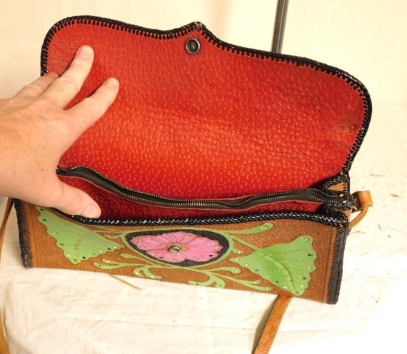 Fantastic hand tooled leather bag--colorful mid c… - image 4