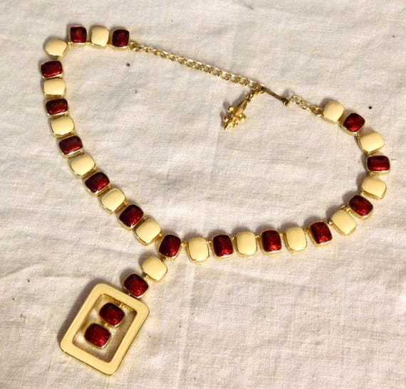 Modernist enamel necklace, ruby red and cream, ma… - image 4