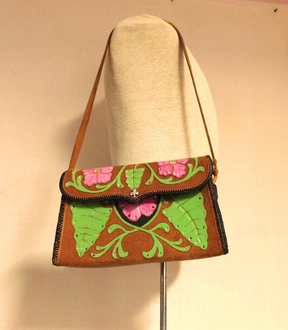 Fantastic hand tooled leather bag--colorful mid ce