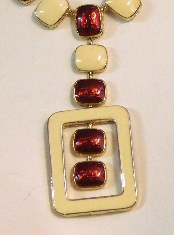 Modernist enamel necklace, ruby red and cream, ma… - image 3