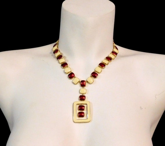 Modernist enamel necklace, ruby red and cream, ma… - image 1