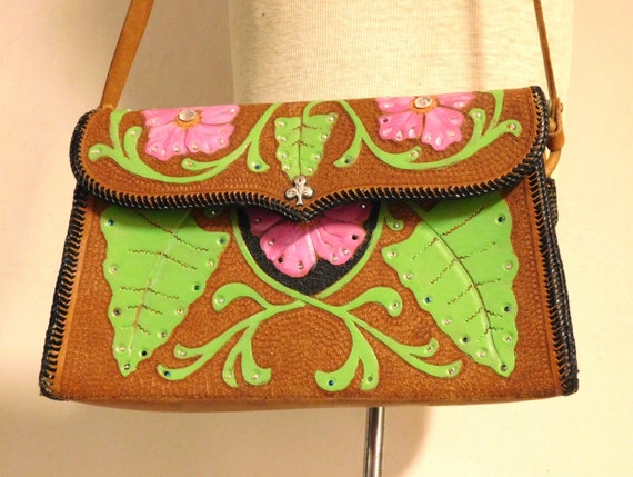 Fantastic hand tooled leather bag--colorful mid c… - image 3