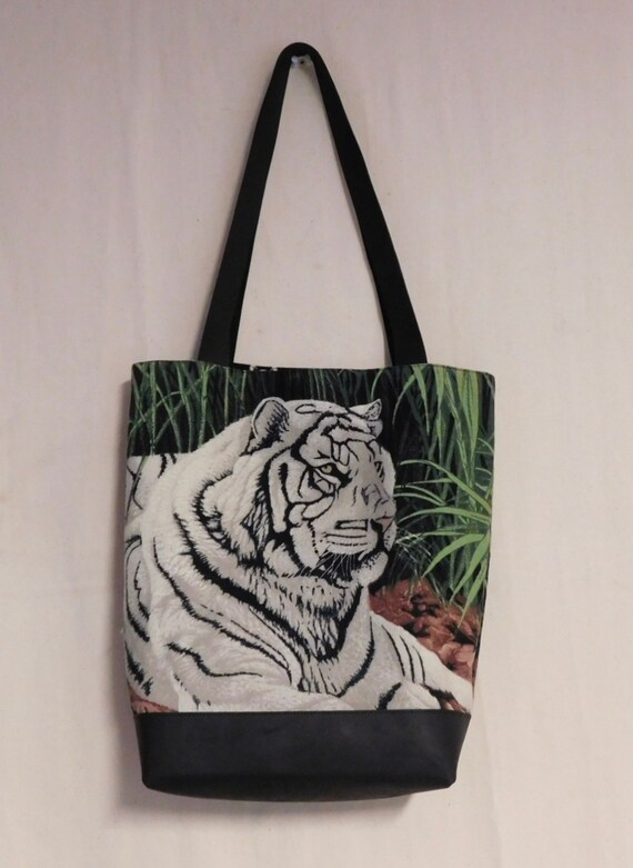 White Tiger Tote bag--handmade with Black Leather
