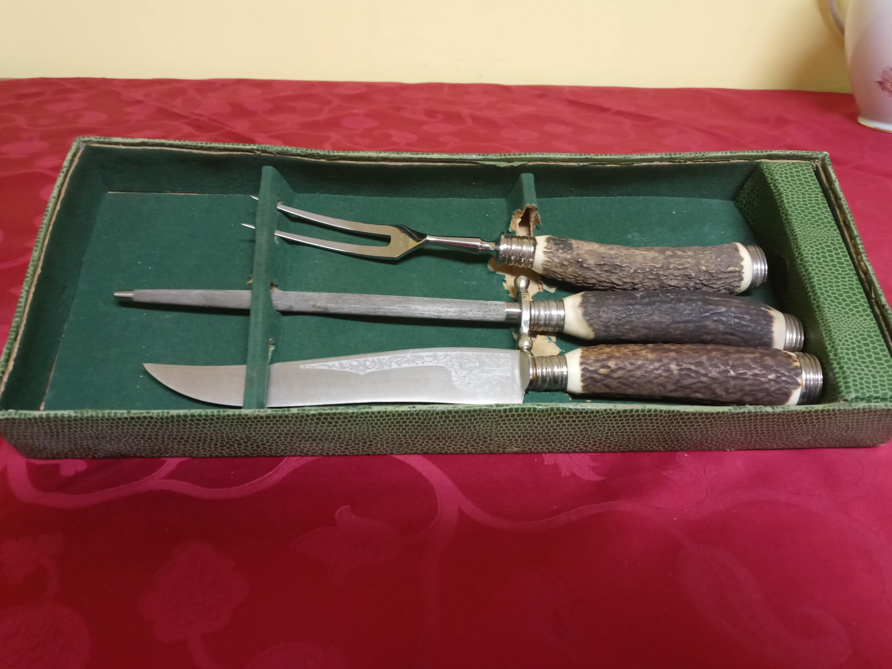 Jowika Solingen Germany Stainless Steel Carving Set, Antler Handle