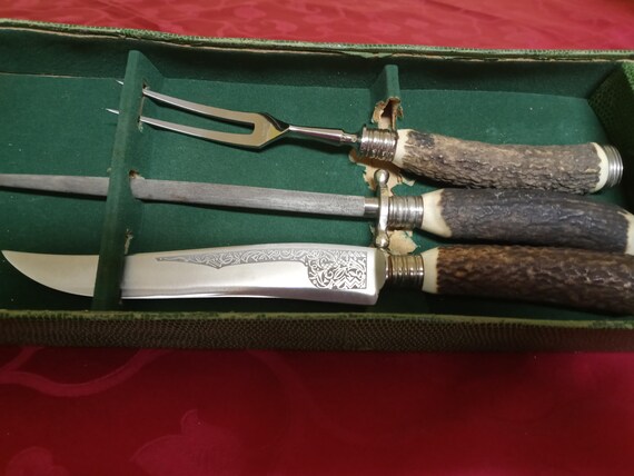 Jowika Solingen Germany Stainless Steel Carving Set, Antler Handle